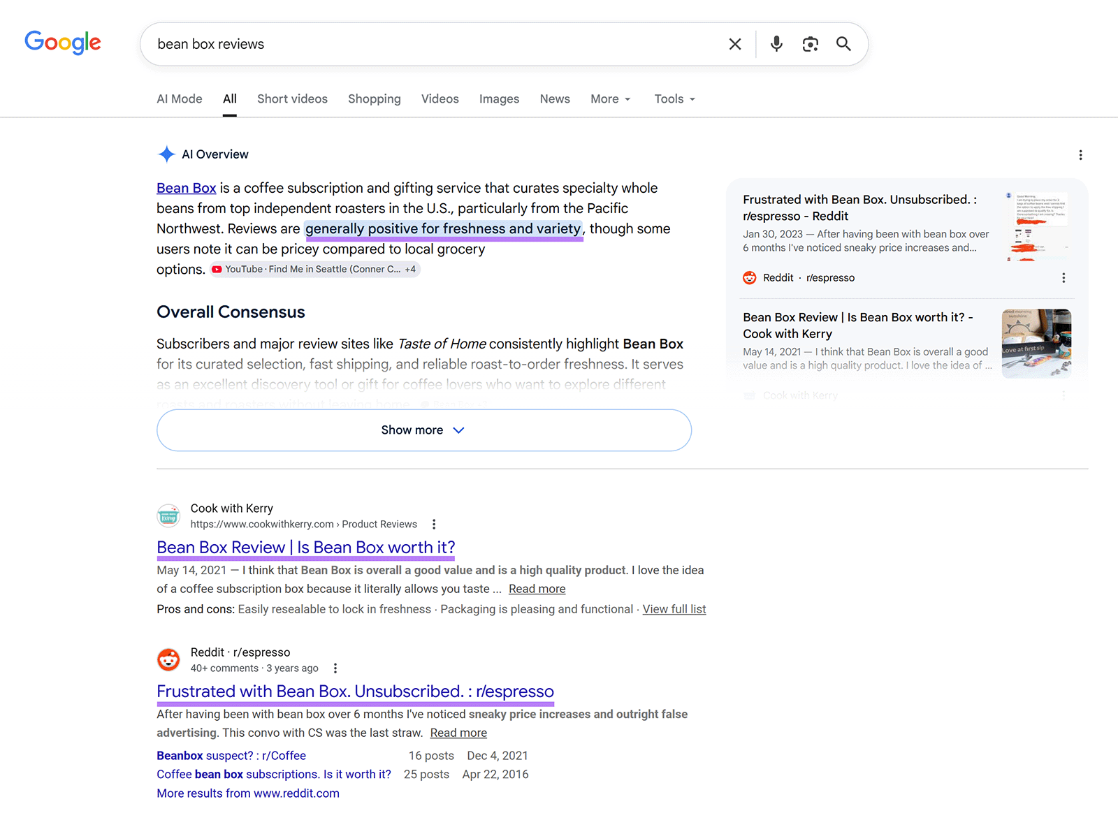 Google search results for Bean Box reviews with AI Overview and Reddit discussion highlights