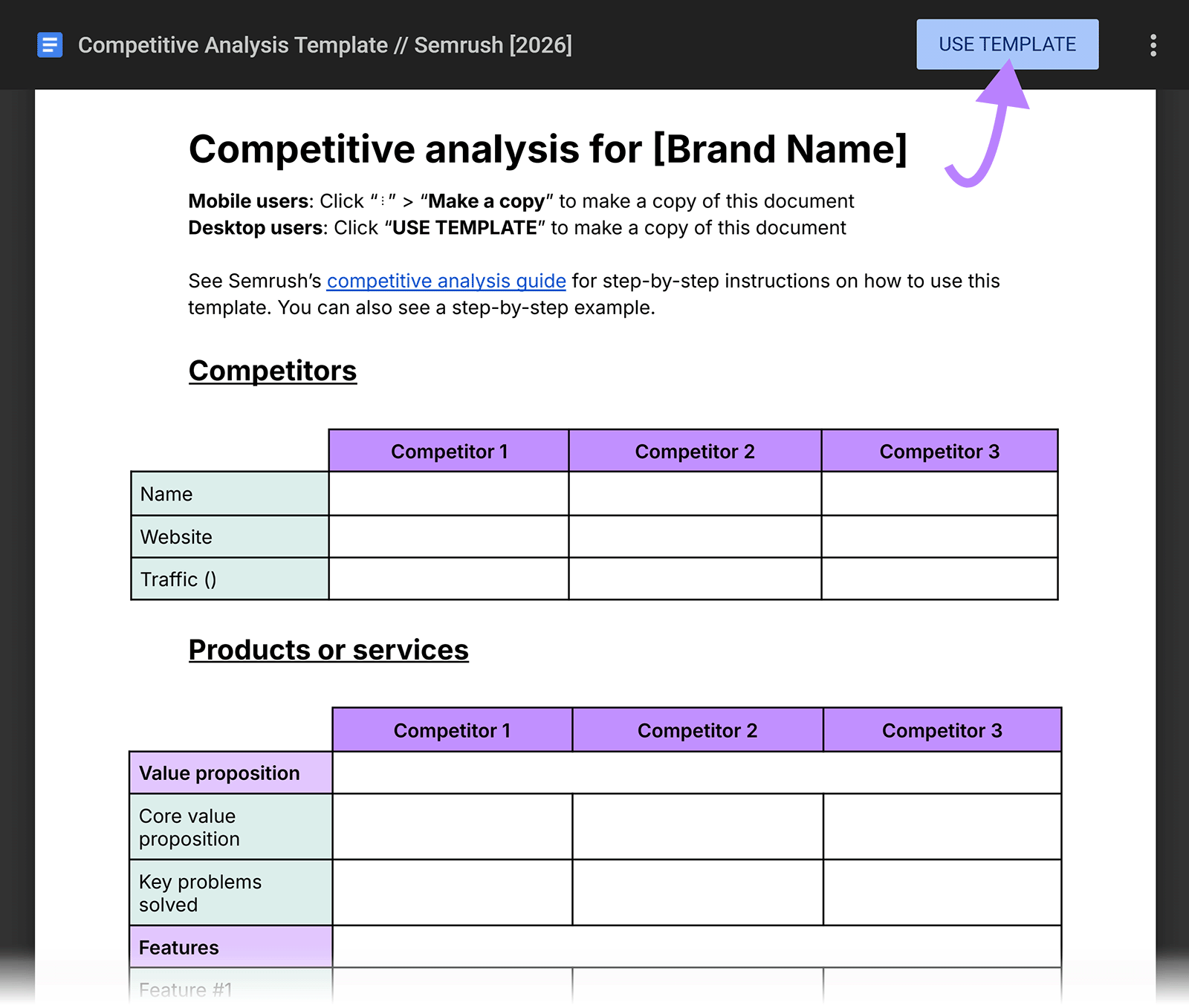 Competitive analysis template with competitor comparison tables and highlighted “Use Template” button