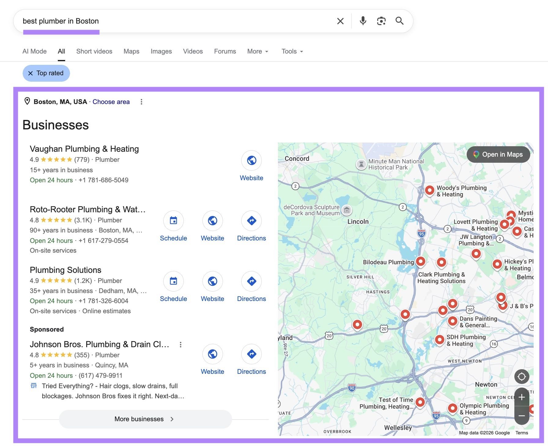 Google SERP for the term "best plumber in Boston" with the local pack highlighted.