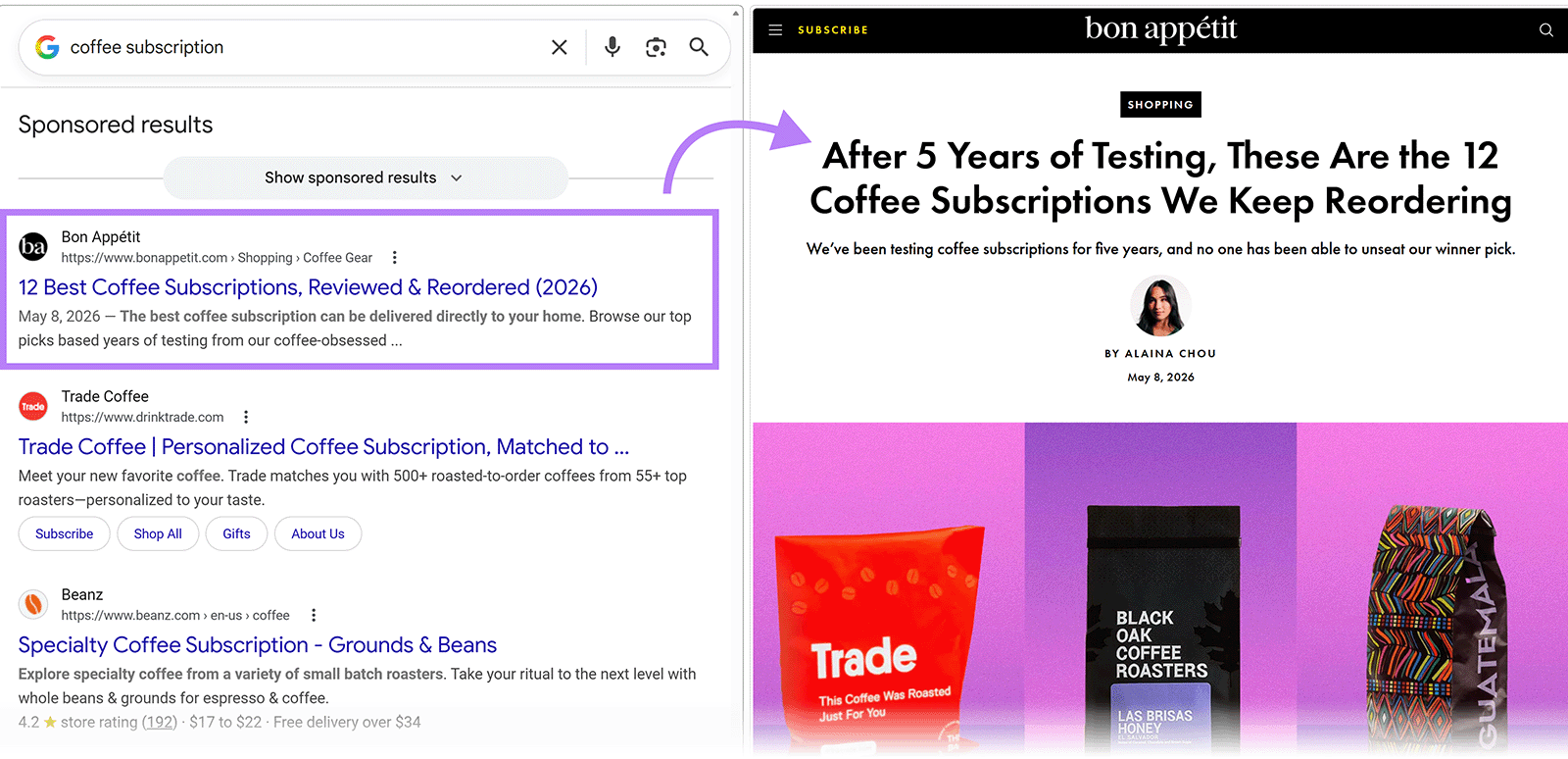 Google search results for coffee subscriptions alongside highlighted Bon Appétit roundup article